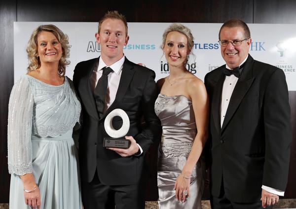 left to right); Sarah Trotman (Founder, Excellence in Business Support Awards, Director - Business Relations AUT Business School), John Plato (Managing Director - Plato Design Agency), Lisa Plato (Creative Director - Plato Design Agency), Dr. Geoff Perry (Dean AUT University Business School).